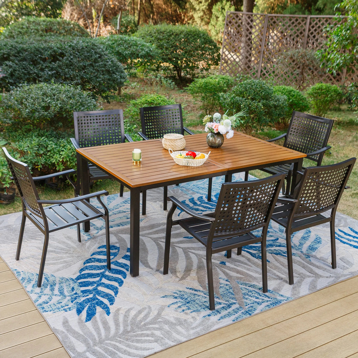 Rectangle Outdoor Dining Table Steel Frame Wood Grain Top D1790