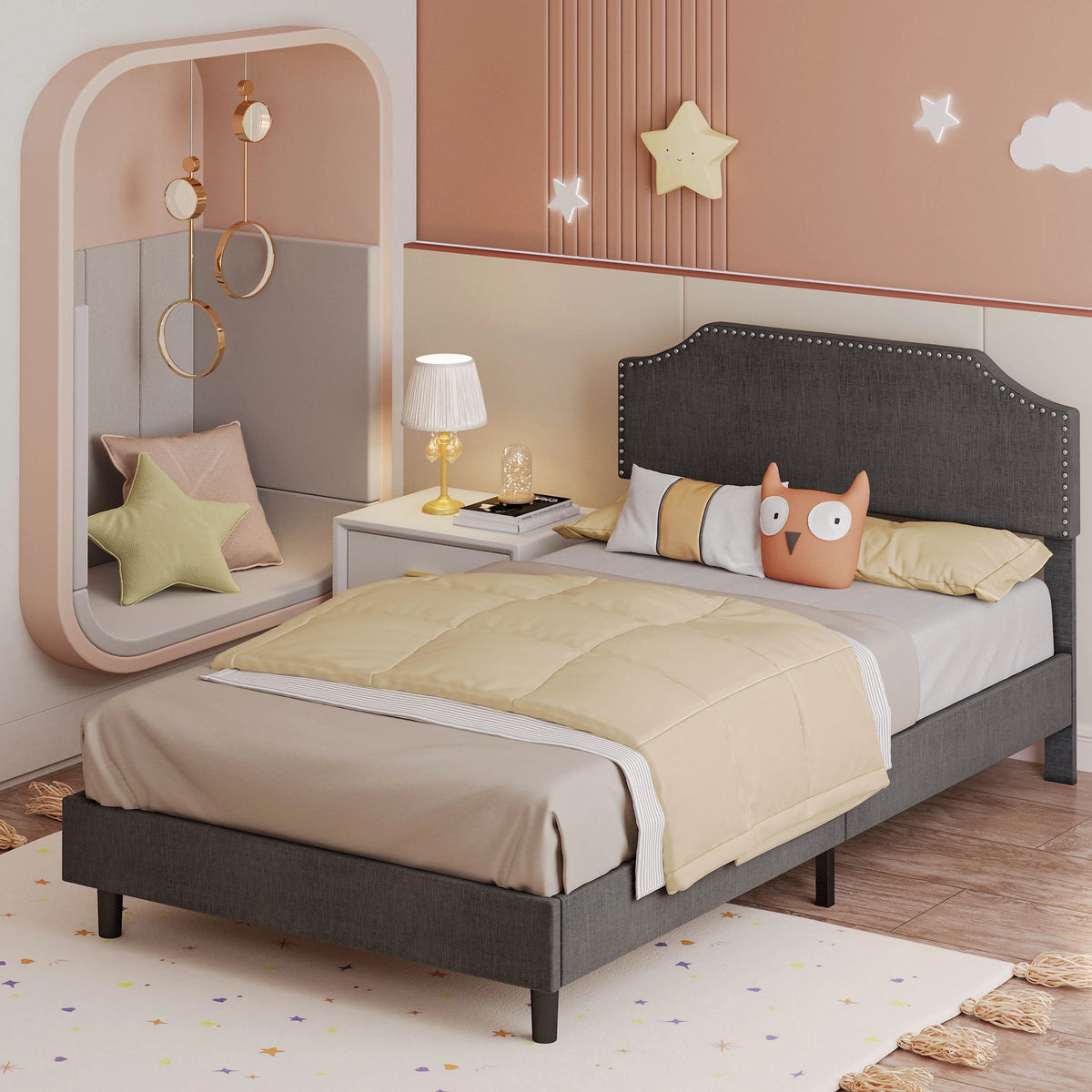 Upholstered Twin Bed Frame with Adjustable Headboard B23062