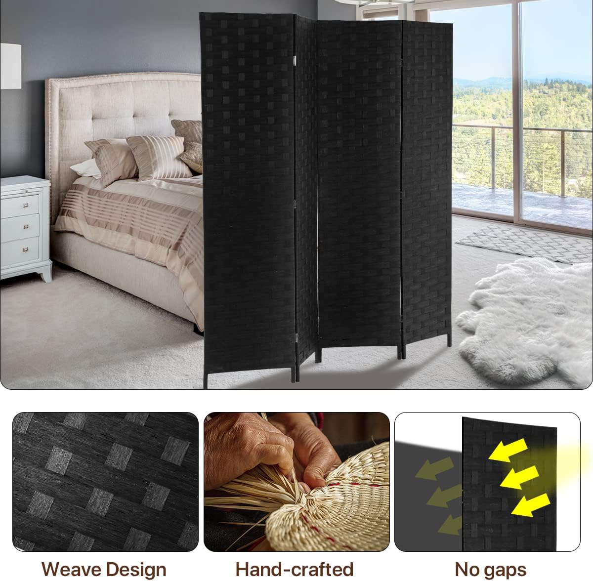 Black 4 Panel 6 ft Folding Wood Room Divider P196
