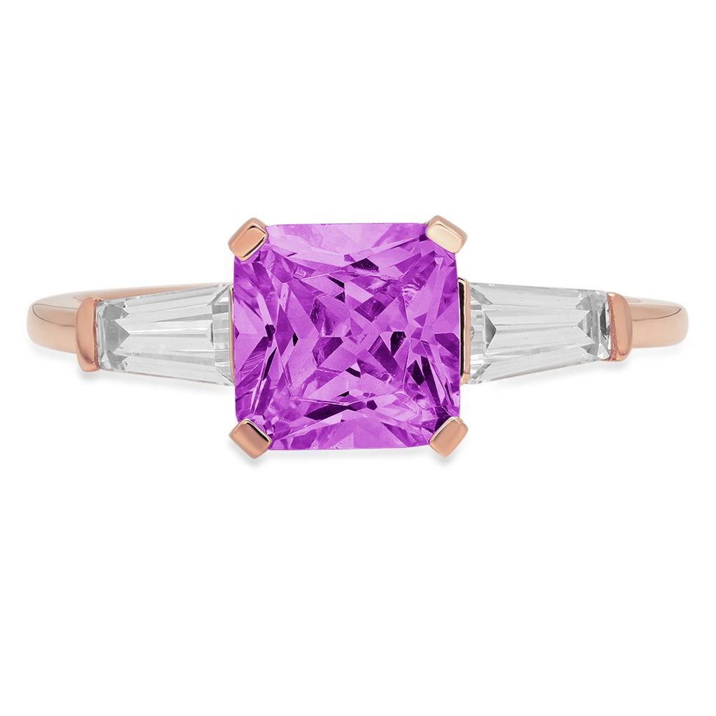 1.62ct Emerald Cut Purple Simulated Alexandrite 18k Rose Gold 3 Stone Ring O724