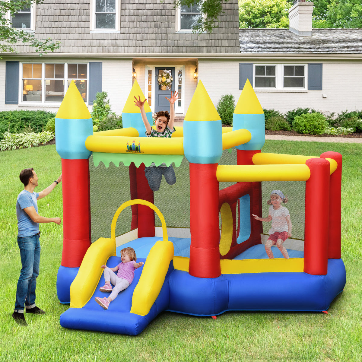 Inflatable Bounce House Slide with Tunnels Ball Pit and 480W Blower A235704
