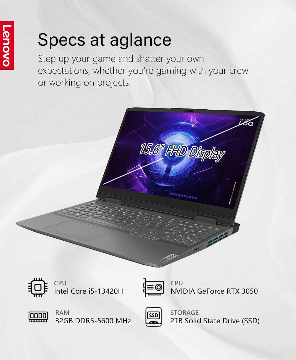 15.6" Gaming Laptop, 144Hz IPS, Intel Core i5-13420H, 32GB RAM 2TB Storage, NVIDIA GeForce RTX 3050, Backlit KB, Win11, Storm Grey T315764