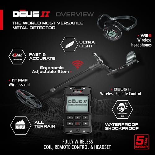 Waterproof Multi Frequency Metal Detector with 9" FMF Coil, Remote Control, WS6 Wireless Headphones & S-Telescopic Stem W967