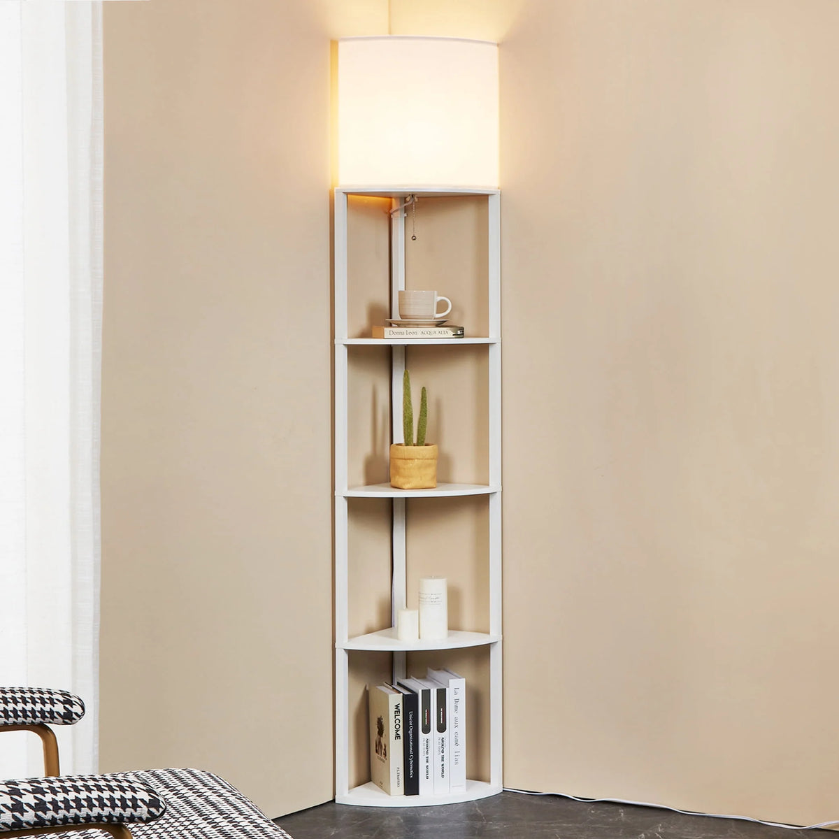 Tall Modern Corner Floor Lamp with Shelves, Natural Wood, 72 Z673050
