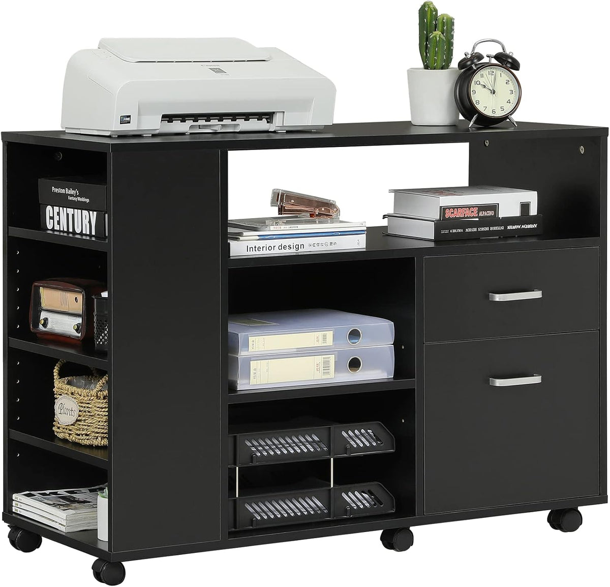 Black Rolling Wood File Cabinet with Storage Shelf V862