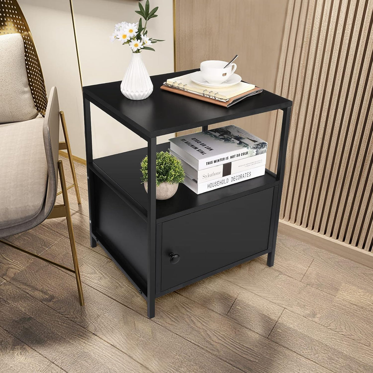 White 3 Shelf End Table with Storage F650