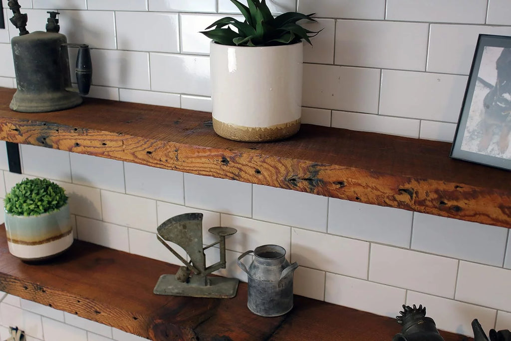 Reclaimed Wood Mantel Shelf with Steel Angle Brackets Q469251