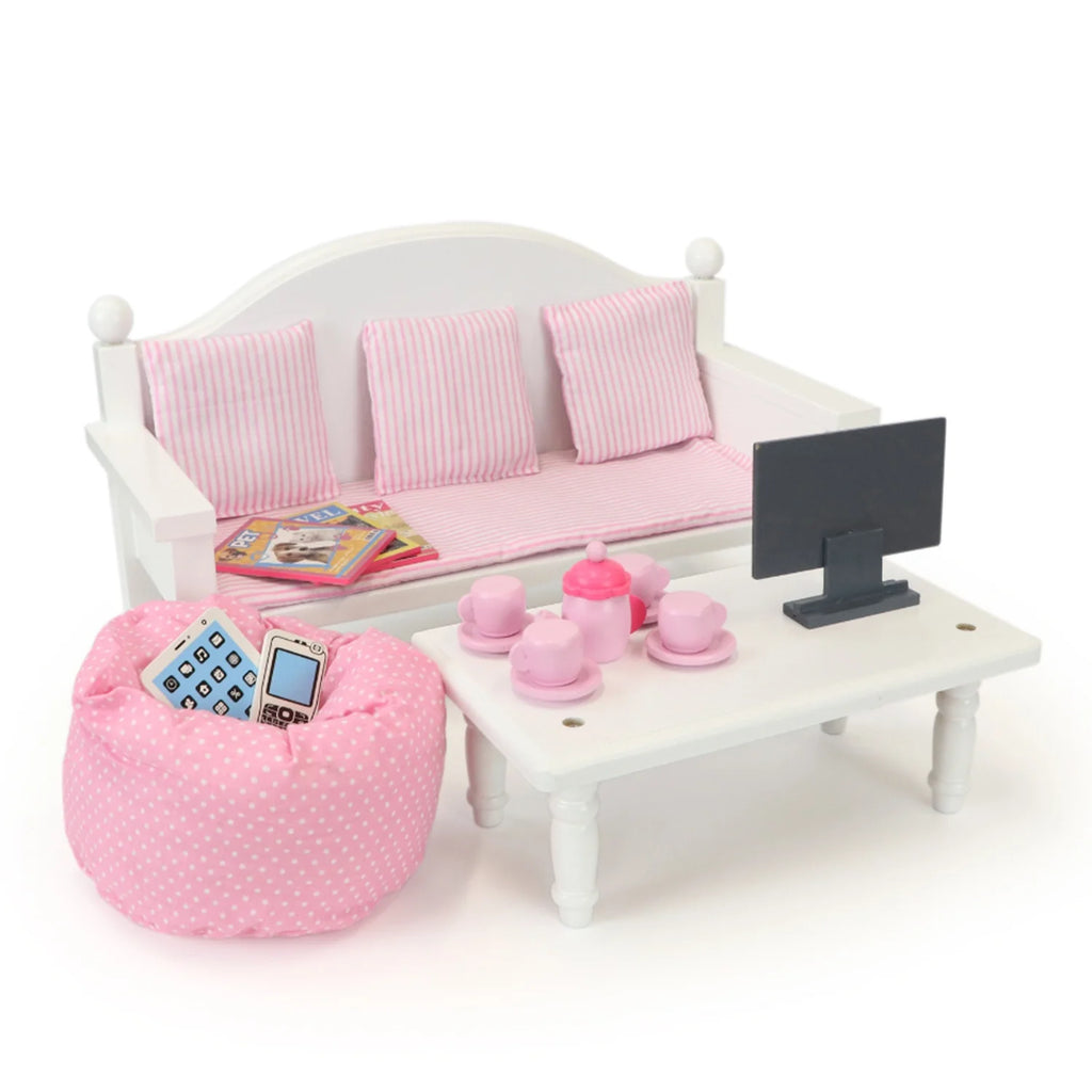 18" Dolls Wood Sofa & Coffee Table with Accessories V180404