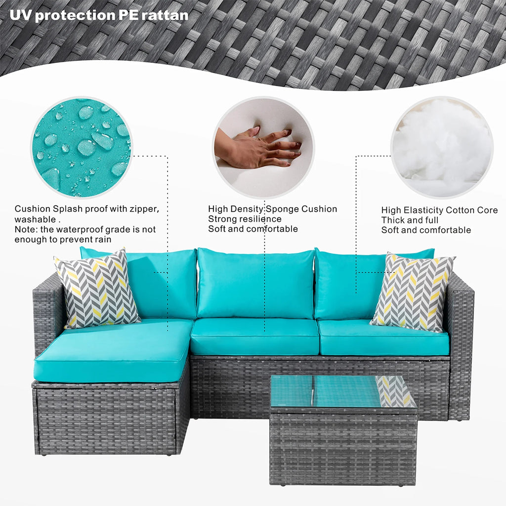 3 Piece Aegean Blue Black Rattan Wicker Sectional Sofa V611