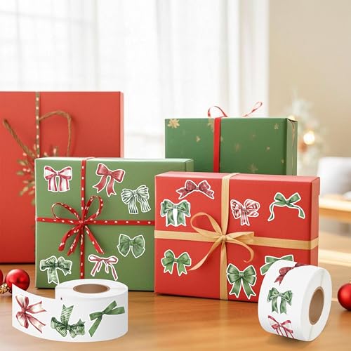 Christmas Watercolor Bow Roll Stickers 1000Pcs Red Green Vinyl Decals B34110