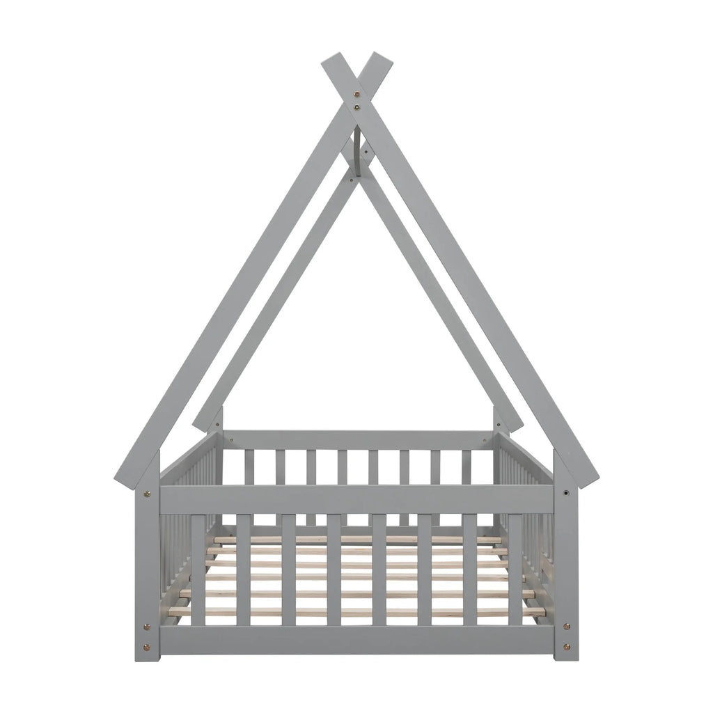 Twin Size Grey Wooden Floor Bed with Guardrail L353