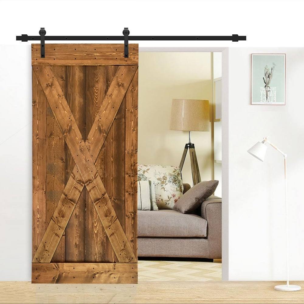 84 in. Walnut Stained Wood Interior Sliding Barn Door with Hardware Kit M772