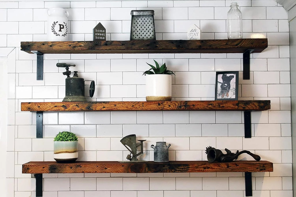 Reclaimed Wood Mantel Shelf with Steel Angle Brackets Q469251
