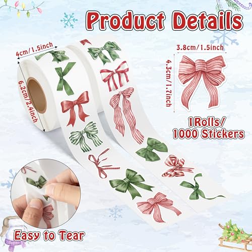 Christmas Watercolor Bow Roll Stickers 1000Pcs Red Green Vinyl Decals B34110