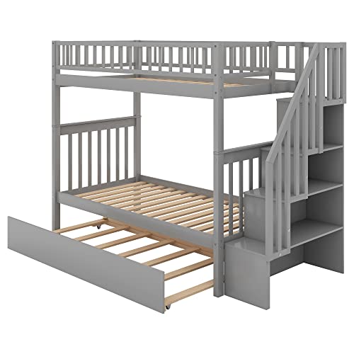 Gray Twin Over Twin Solid Wood Bunk Bed with Stairs and Trundle A438