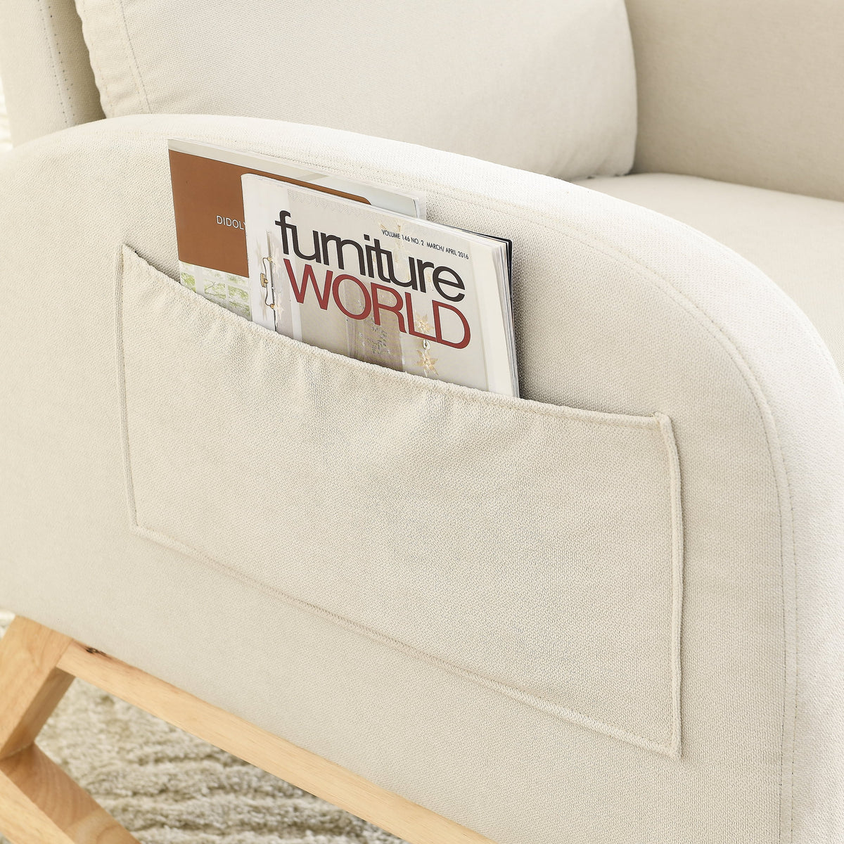 White Fabric Upholstered Rocking Chair with Solid Wood Base and 2 Side Pockets Y5266
