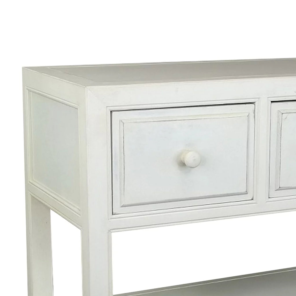 34 Inch White Wood Console Table with 3 Drawers and 2 Shelves O457