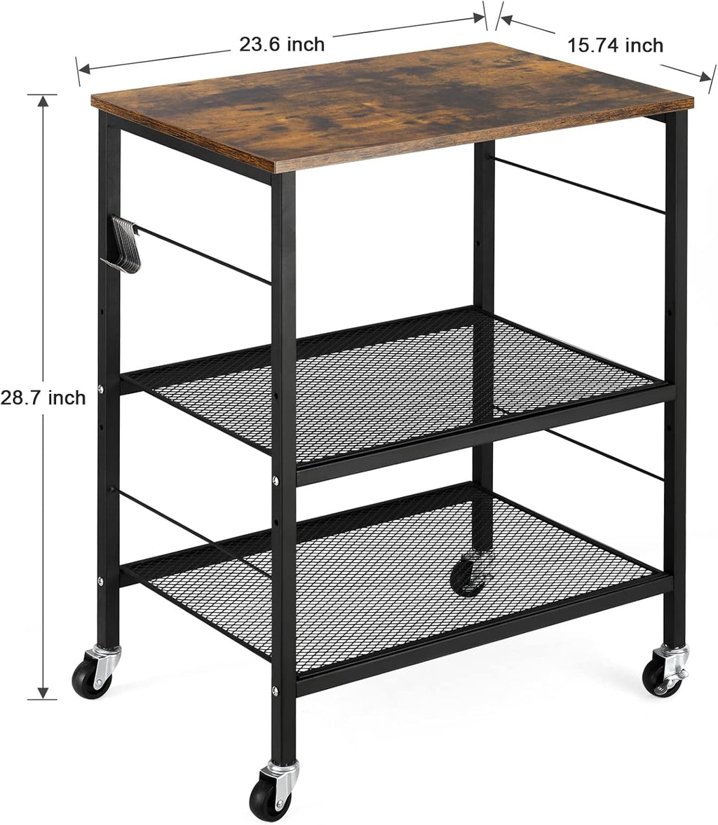 Kitchen Island on Wheels with Storage 3 Tier Microwave Oven Stand Rolling Utility Cart with 10 Hooks B701