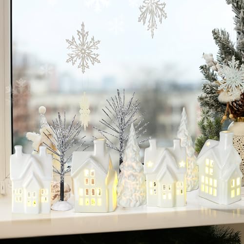 17 Piece Christmas Village Set with 4 LED White Ceramic Houses, 4 Ceramic Trees, Plastic Truck, 7 Branch Trees G59358