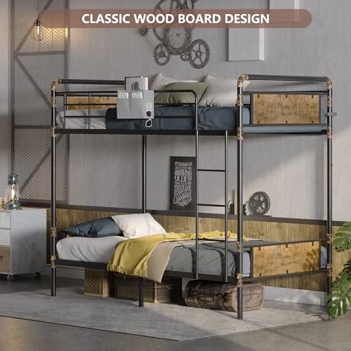 2 IN 1 Metal Bunk Bed Twin Over Twin, Convertible into 2 Individual Twin Size Bed, Vintage Brown W21903