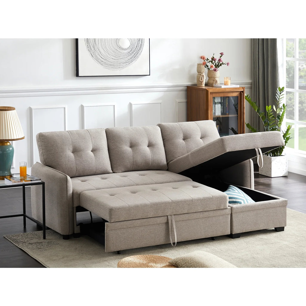 Light Gray Fabric Sectional Sofa with Pull Out Sleeper Bed Z1113