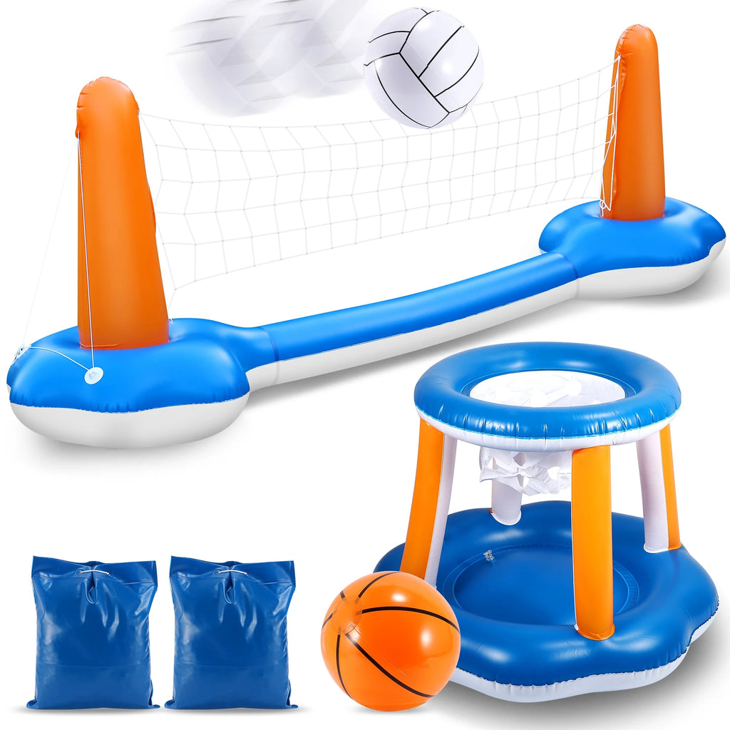 Inflatable Pool Float Set with Volleyball Net & Basketball Hoops P31524