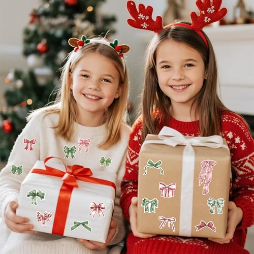 Christmas Watercolor Bow Roll Stickers 1000Pcs Red Green Vinyl Decals B34110