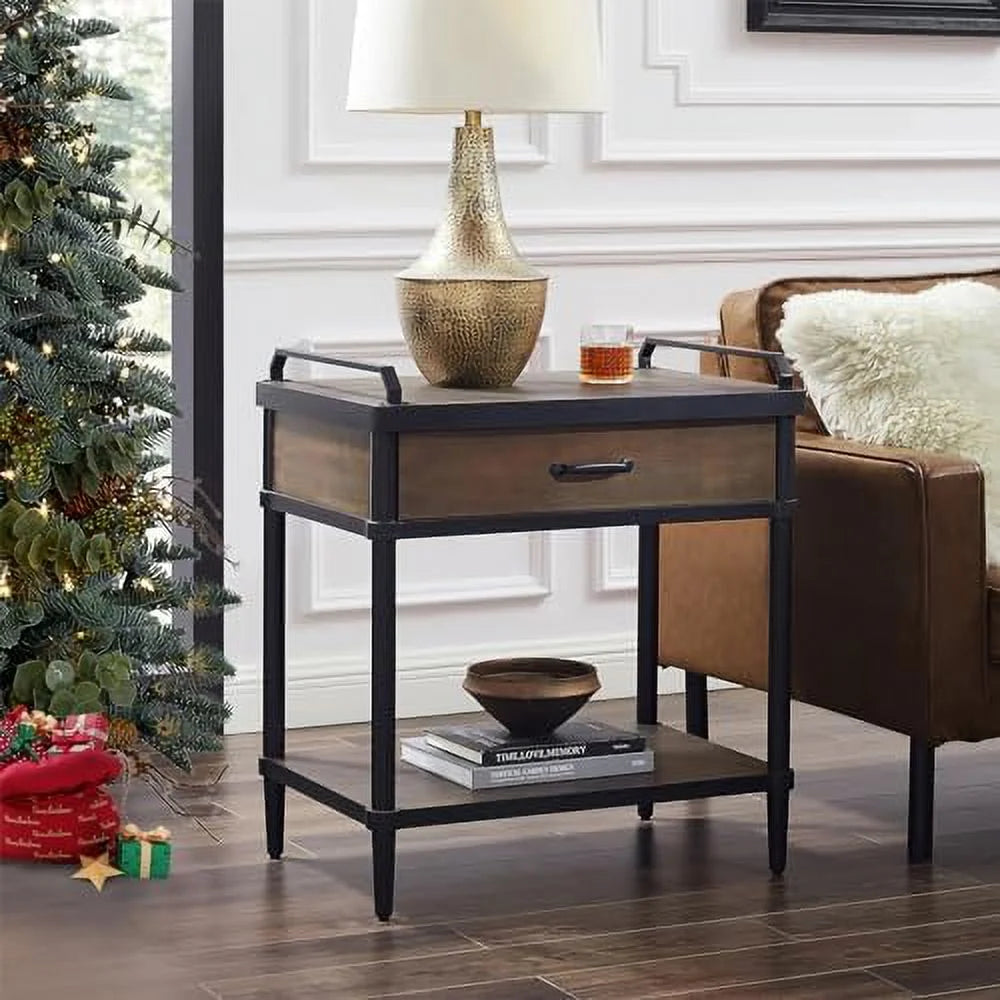 Rustic Brown and Black Nightstand with Drawer and Open Shelf O2081