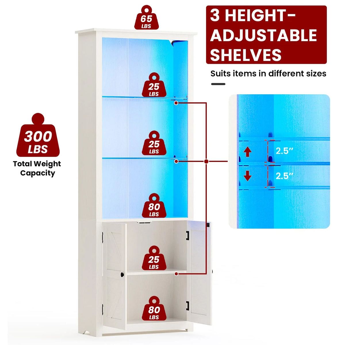 70" Tall Wood 5-Shelf Bookcase with Glass Shelves A7900