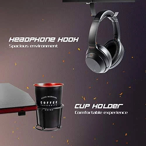 Black Gaming Desk with Cup Holder and Headphone Hook Y749083