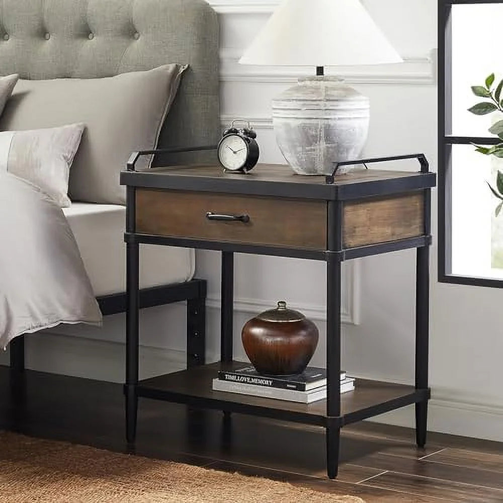 Rustic Brown and Black Nightstand with Drawer and Open Shelf O2081