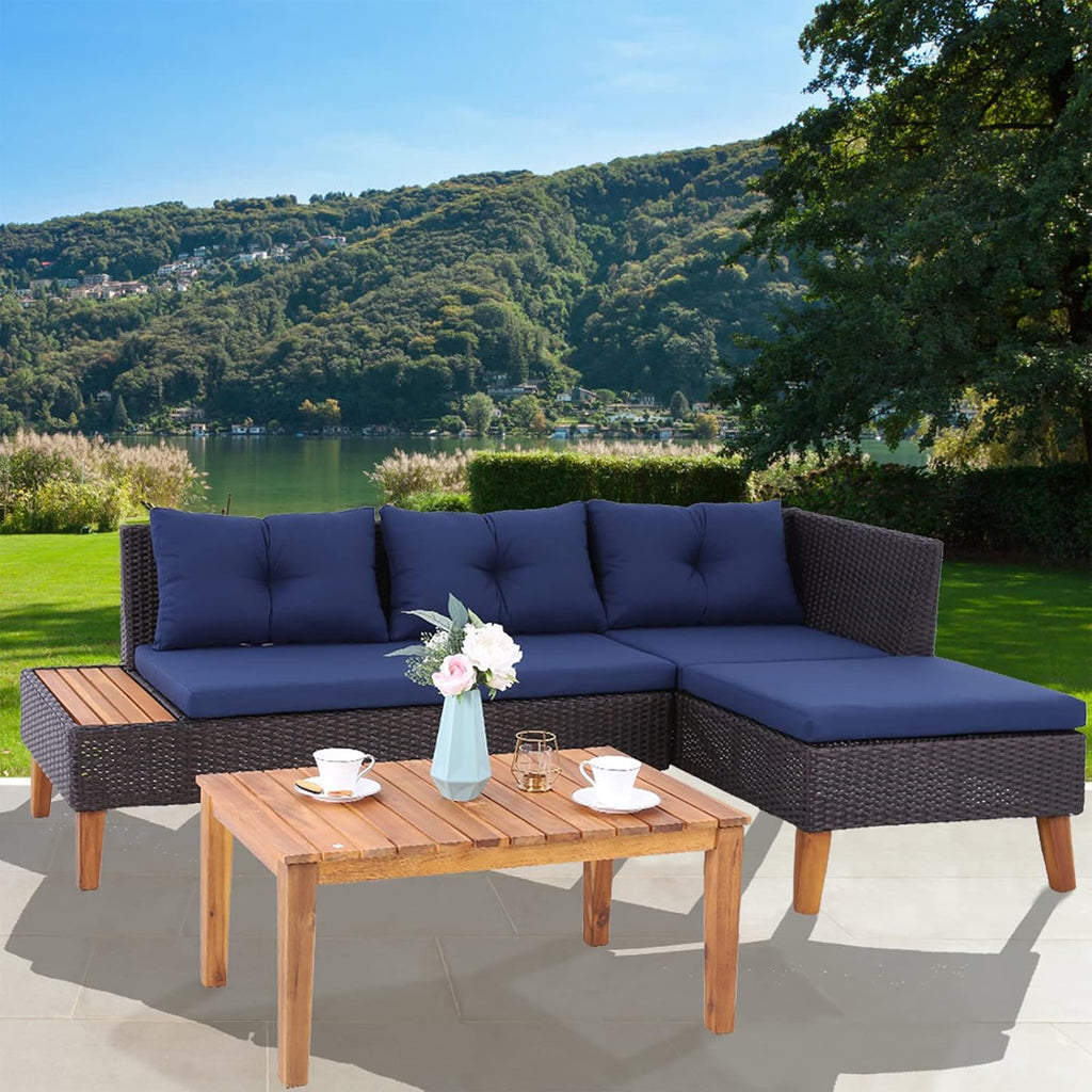 3 Pieces Patio Rattan Wicker and Acacia Wood Sectional Sofa Set Navy Blue T827