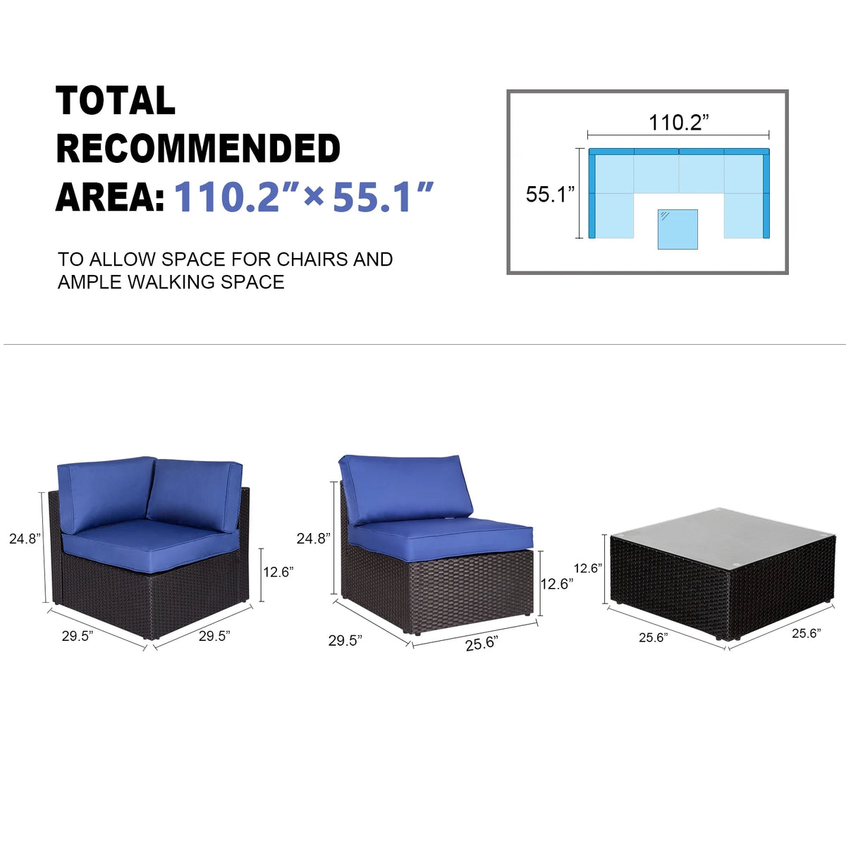 7 Pc Outdoor Rattan Wicker Sectional Sofa Set with Dark Blue Cushions Z334365