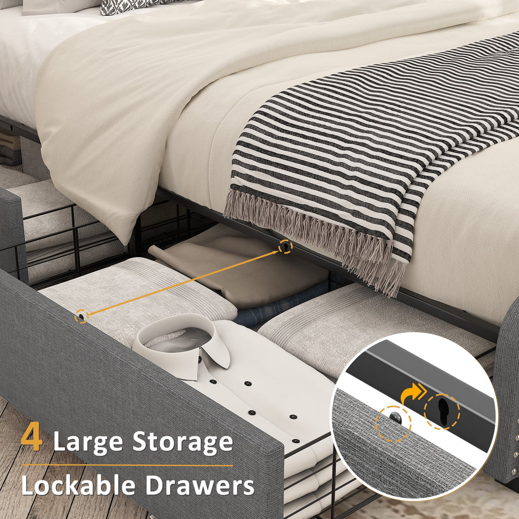 Queen Size Platform Bed Frame with 4 Storage Drawers P8374