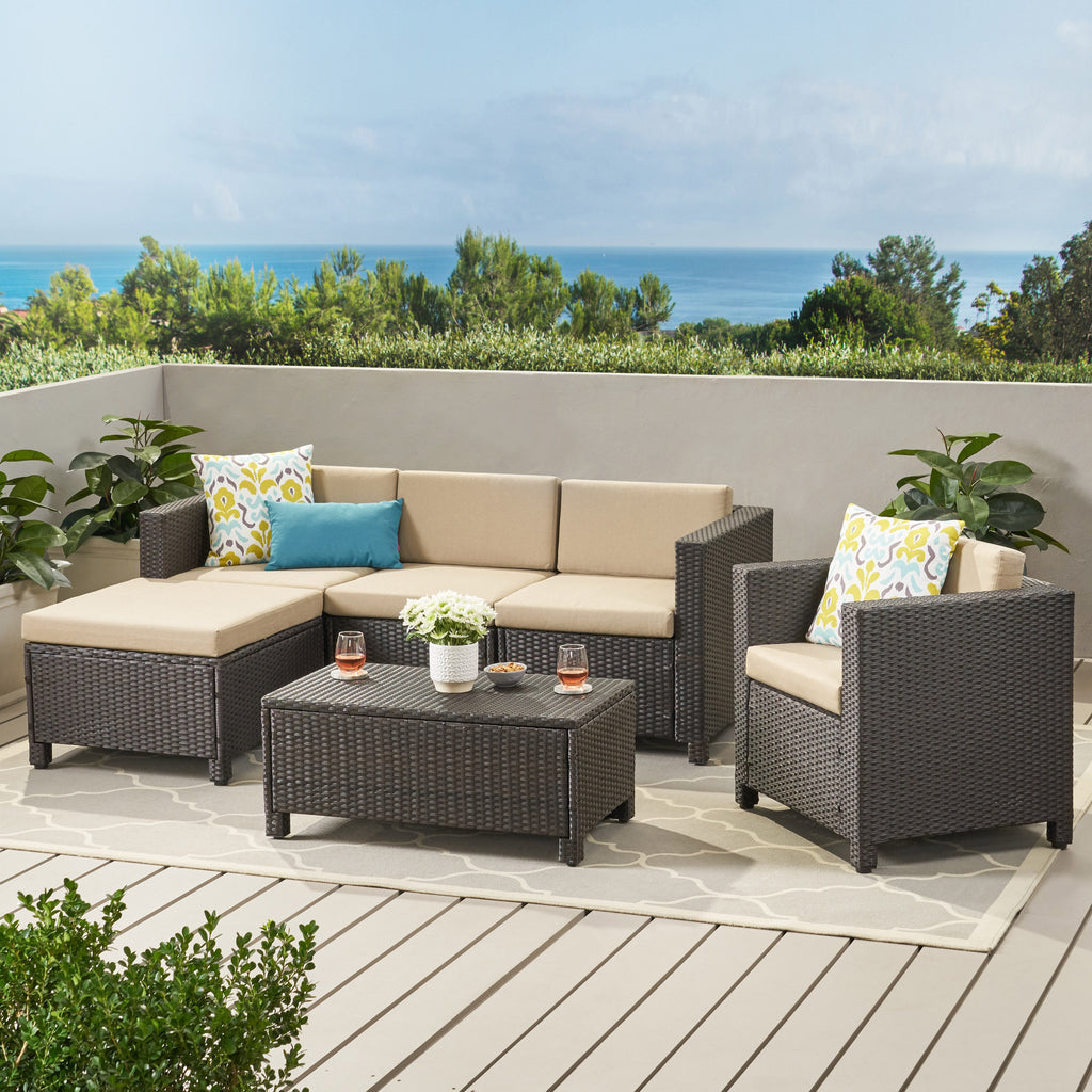 Brown and Beige Wicker L-Shaped Sectional Sofa Set T7661