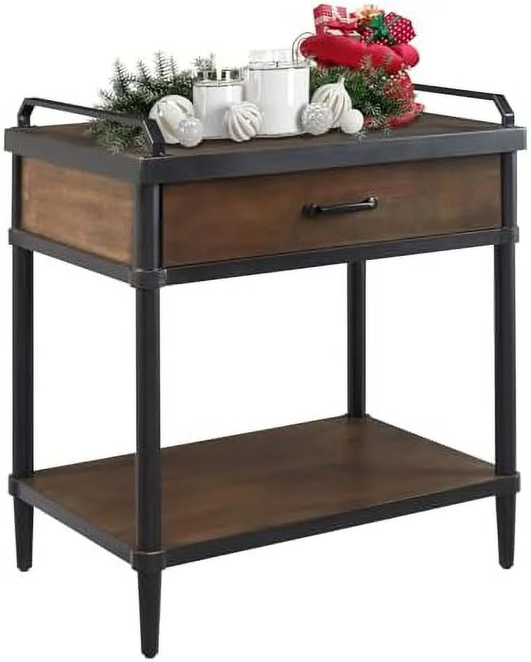 Rustic Brown and Black Nightstand with Drawer and Open Shelf O2081