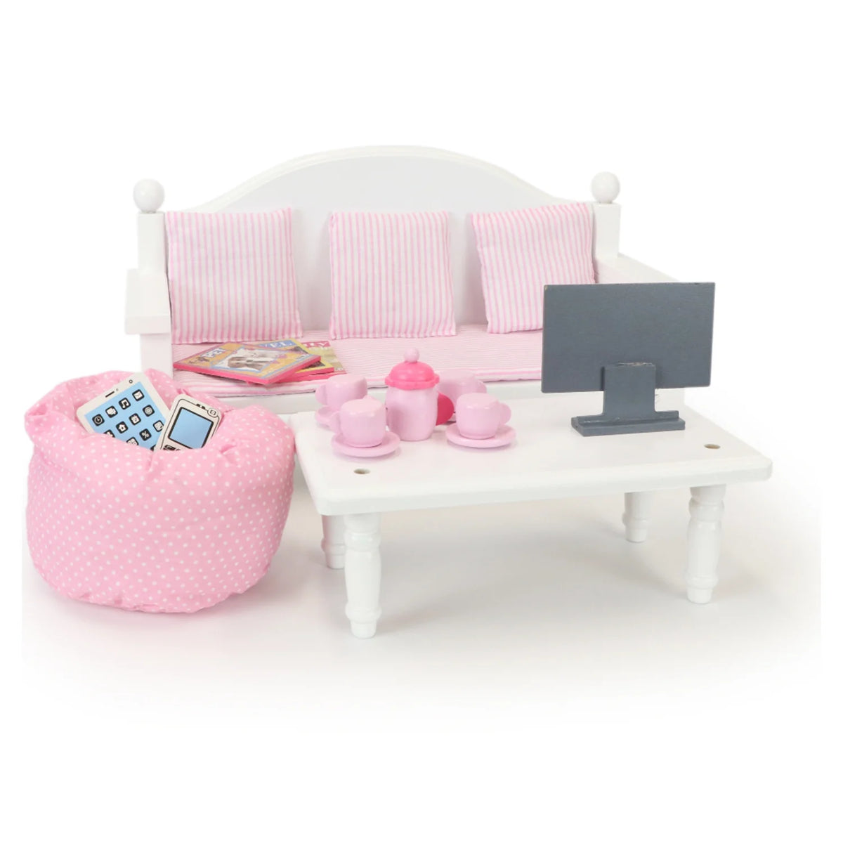 18" Dolls Wood Sofa & Coffee Table with Accessories V180404