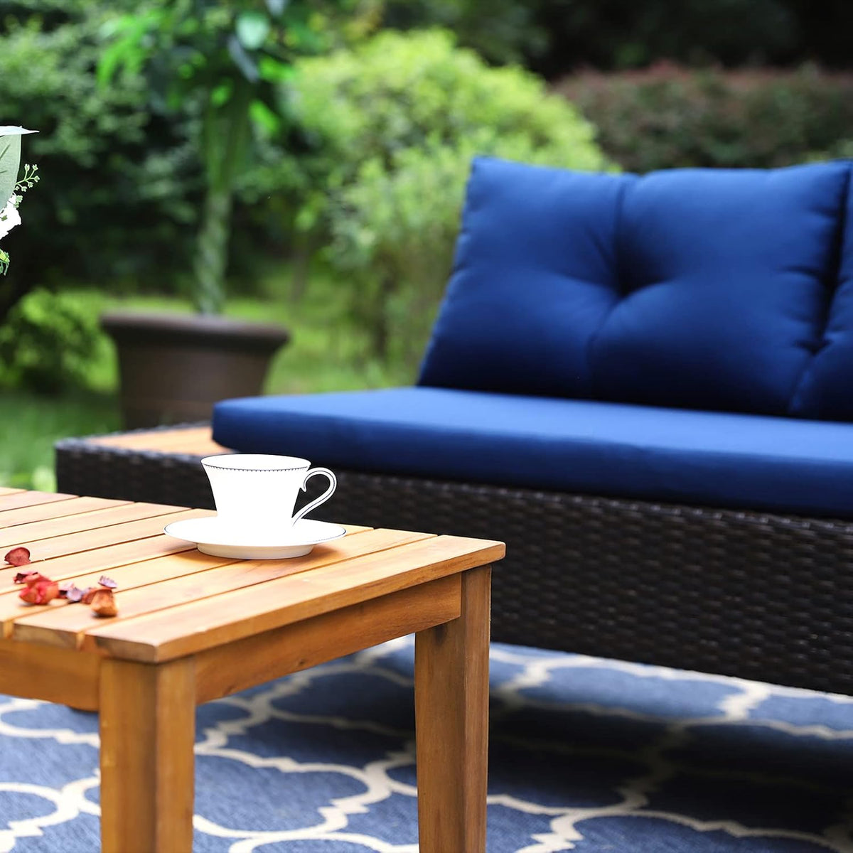 3 Pieces Patio Rattan Wicker and Acacia Wood Sectional Sofa Set Navy Blue T827