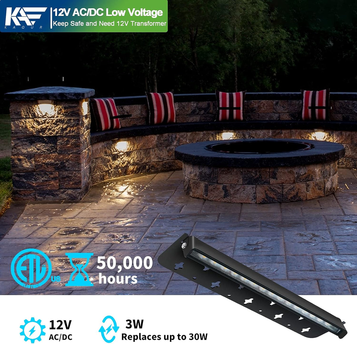 12 Inch 3W LED Integrated Hardscape Paver Lighting, 12V AC/DC Low Voltage Landscape Lights, IP65 Outdoor Step Light, 2700K Soft White, 8-Pack C31593