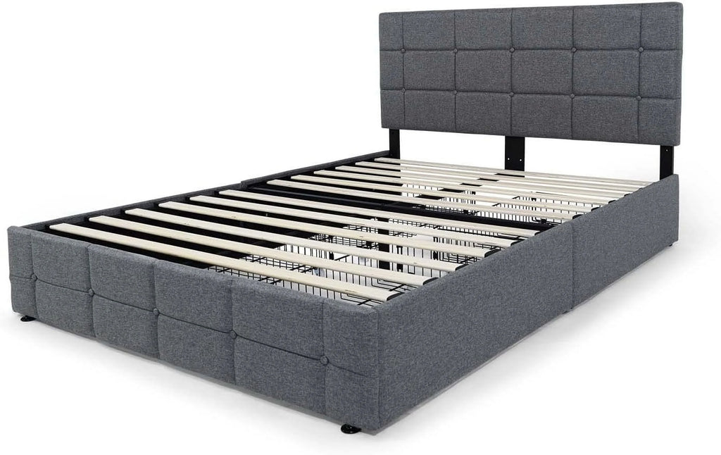 Queen Size Light Grey Upholstered Storage Bed Frame with 4 Drawers U940906