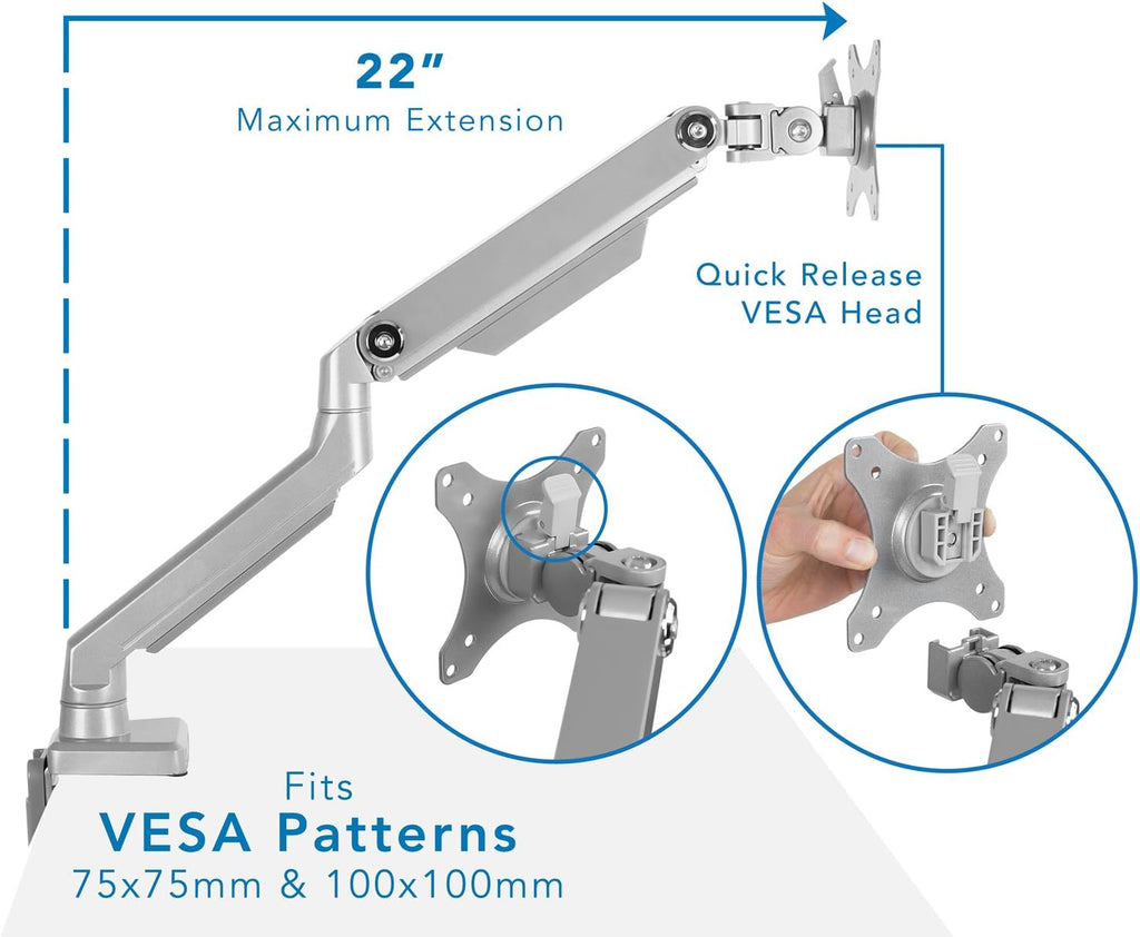 Single Monitor Arm Mount Desk Stand Full Motion Height Adjustable Articulating Mechanical Spring Arm Fits 24 27 29 30 32 Inch VESA Compatible Computer Screen C-Clamp and Grommet Base B51990