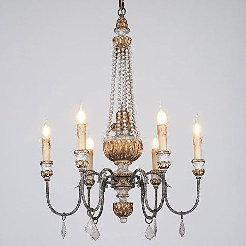 Retro Rustic 6-Light Wood Metal Crystal Candle Style Chandelier N52511
