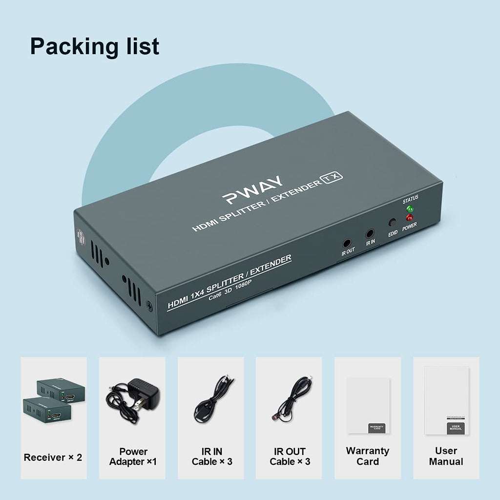 HDMI Extender Splitter 1x2 1080p Over Cat5e/Cat6/Cat7 Ethernet Cable with 2 HDMI Loop Out U98738