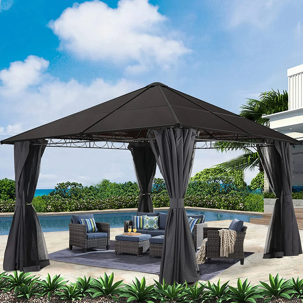 10x10 Hardtop Patio Gazebo with Netting and Screen Walls Curtains, Dark Gray W615