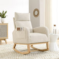 White Fabric Upholstered Rocking Chair with Solid Wood Base and 2 Side Pockets Y5266