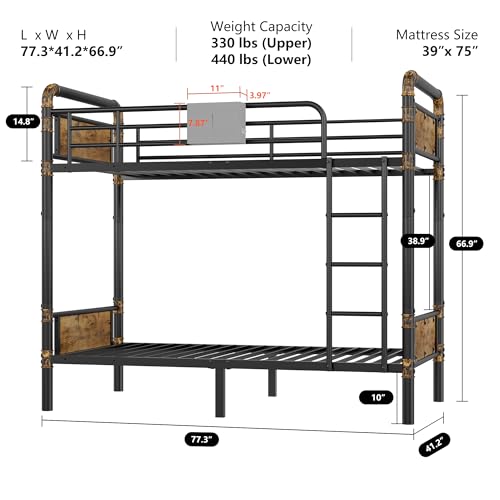 2 IN 1 Metal Bunk Bed Twin Over Twin, Convertible into 2 Individual Twin Size Bed, Vintage Brown W21903
