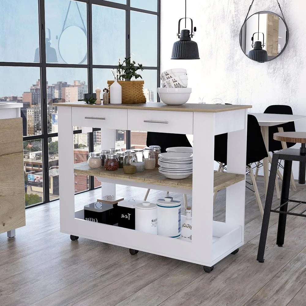 White Engineered Wood Kitchen Island with Two Drawers E455