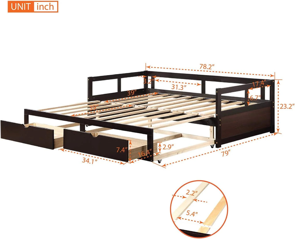 Wooden Extendable Daybed with Trundle and 2 Storage Drawers A6825