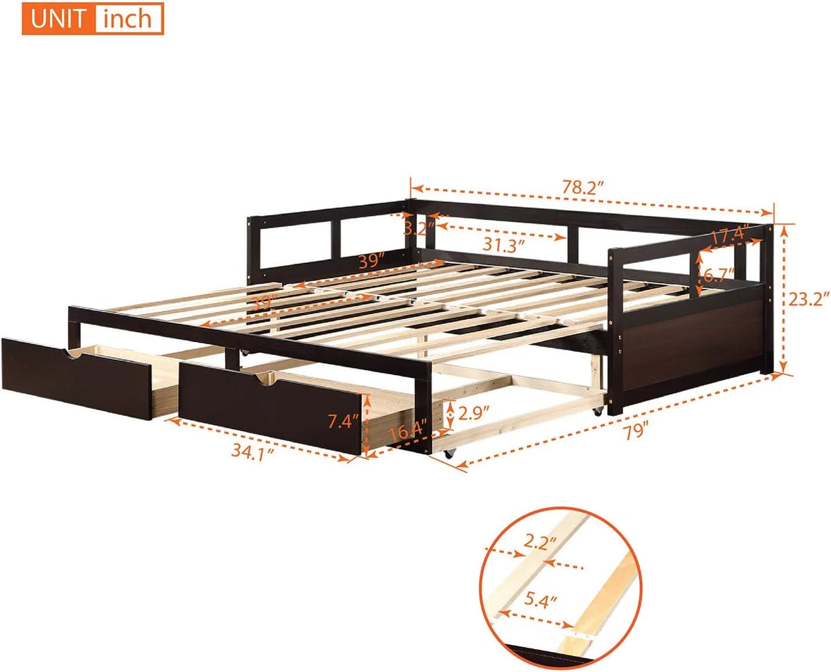 Wooden Extendable Daybed with Trundle and 2 Storage Drawers A6825