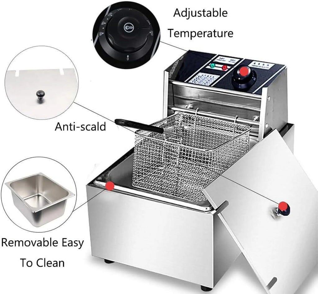 6 L Stainless Steel Electric Deep Fryer with Basket and Lid V23044